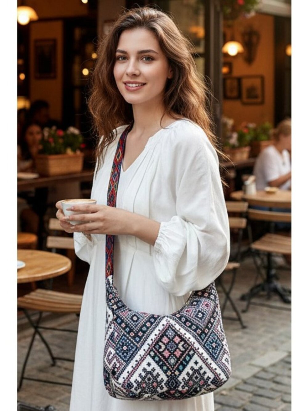 Woven Tapestry Geometric Hobo Convertible Guitar Strap Crossbody Shoulder Bag